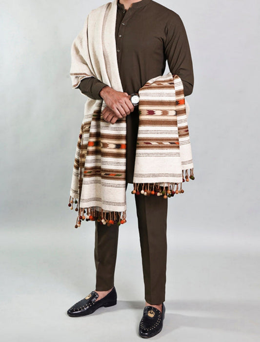 Australian Pure Wool handmade shawl white 3 borders  8022