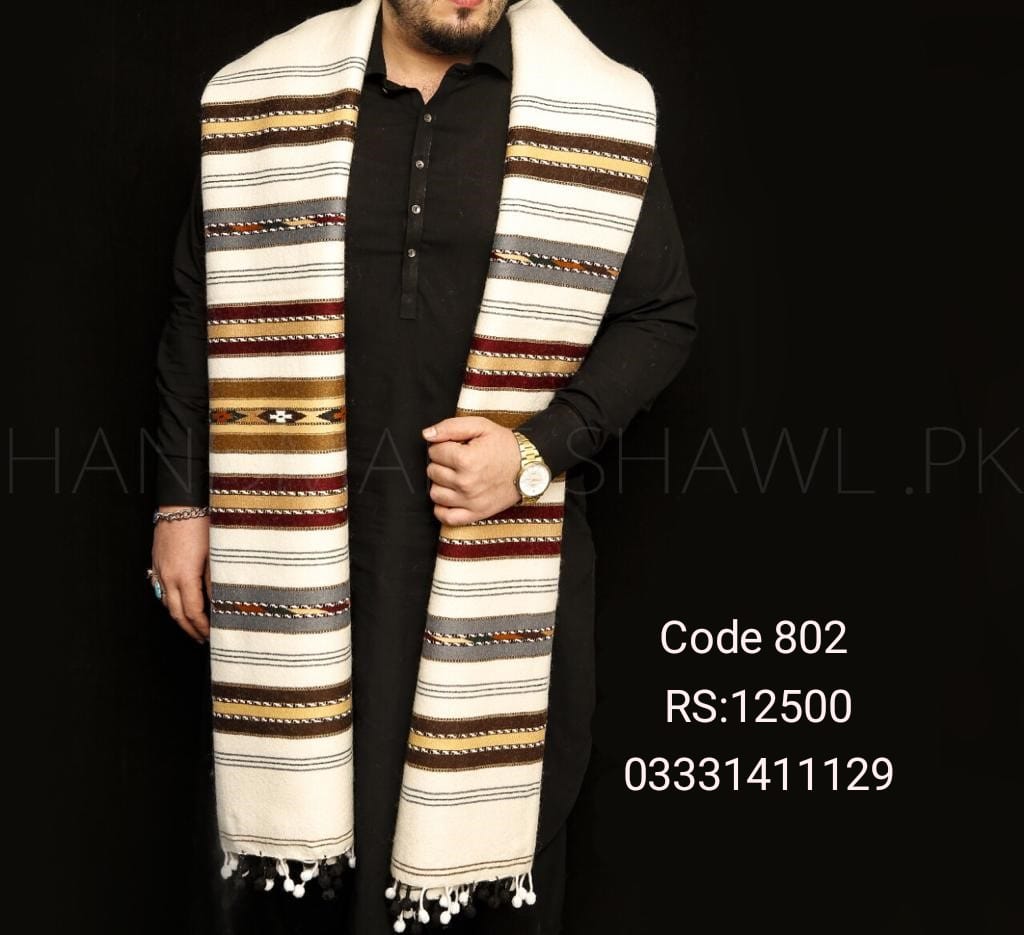 Pure Wool handmade shawl white 7 borders  -802